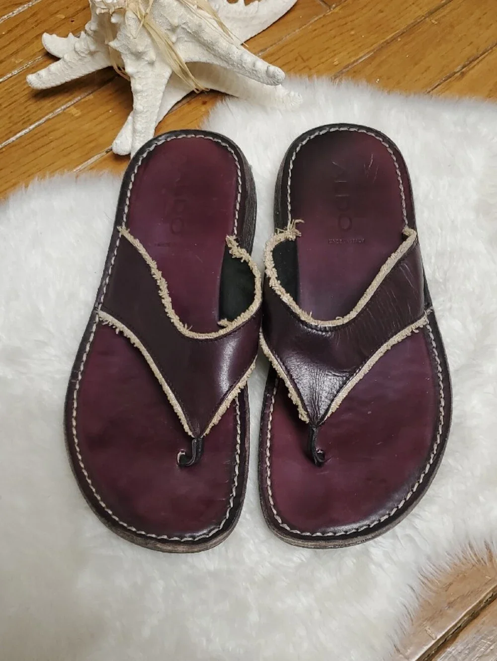Aldo Plum Leather Thong Sandals with Contrast Trim